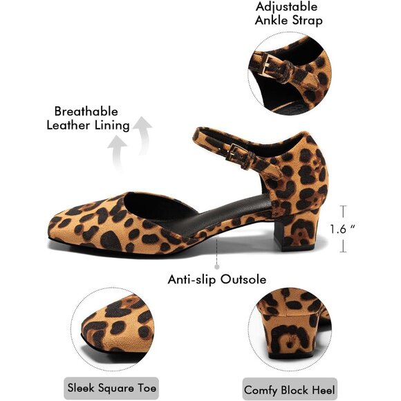 Womens Chunky leopard Heels Ankle Strap Square Toe Dress Pumps Work Party Shoes - Picture 5 of 5